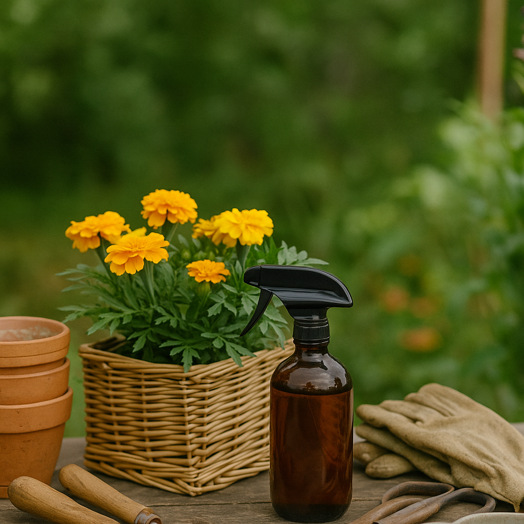 A rustic outdoor table setup featuring a brown vinegar spray bottle, terracotta pots, garden gloves, and a wicker basket overflowing with blooming yellow marigolds. A green garden backdrop softens the composition.