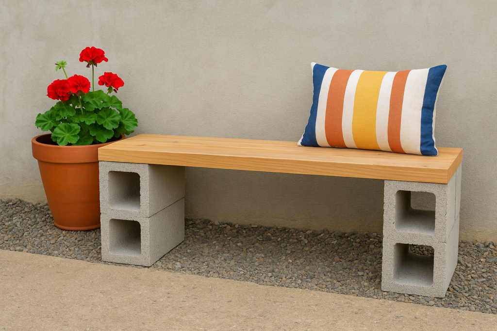 DIY outdoor bench made from cinder blocks and a wood plank, topped with a striped pillow, next to a terra cotta pot of bright red geraniums on a gravel and concrete surface.