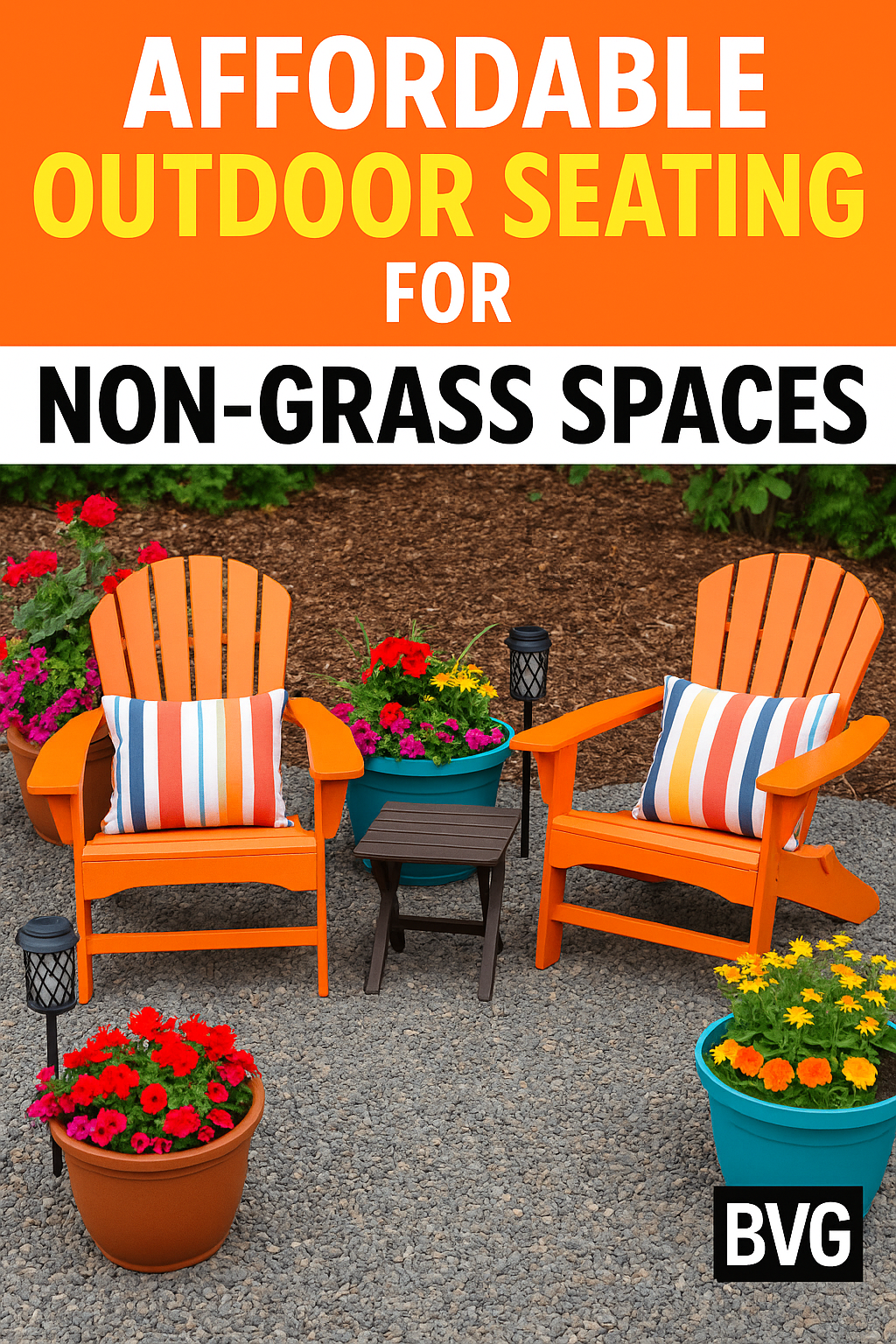 No grass? No problem! 🪴 Discover affordable outdoor seating ideas perfect for gravel, mulch, and paver spaces. From DIY benches to colorful chairs and lantern-lit patios, make your backyard feel like home—without the lawn care. #NoGrassYard #BackyardSeating #OutdoorLiving #DIYPatioIdeas #BVG