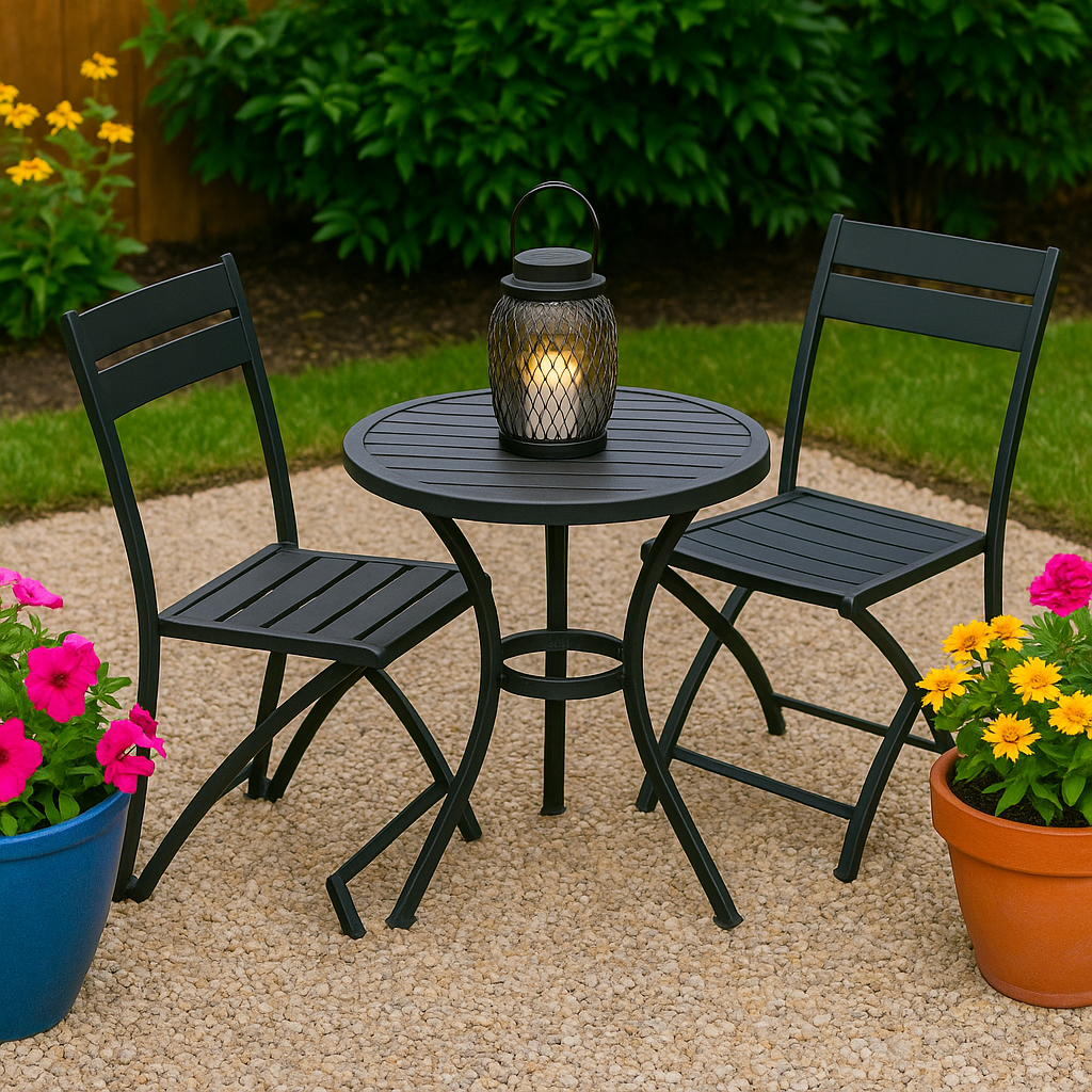 Black metal bistro table and chairs set on a pebble patio surrounded by colorful flower pots, with a lit lantern centerpiece and green hedges in the background.