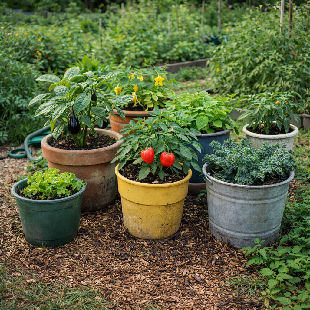 mismatched planters growing various vegetables sitting in a garden