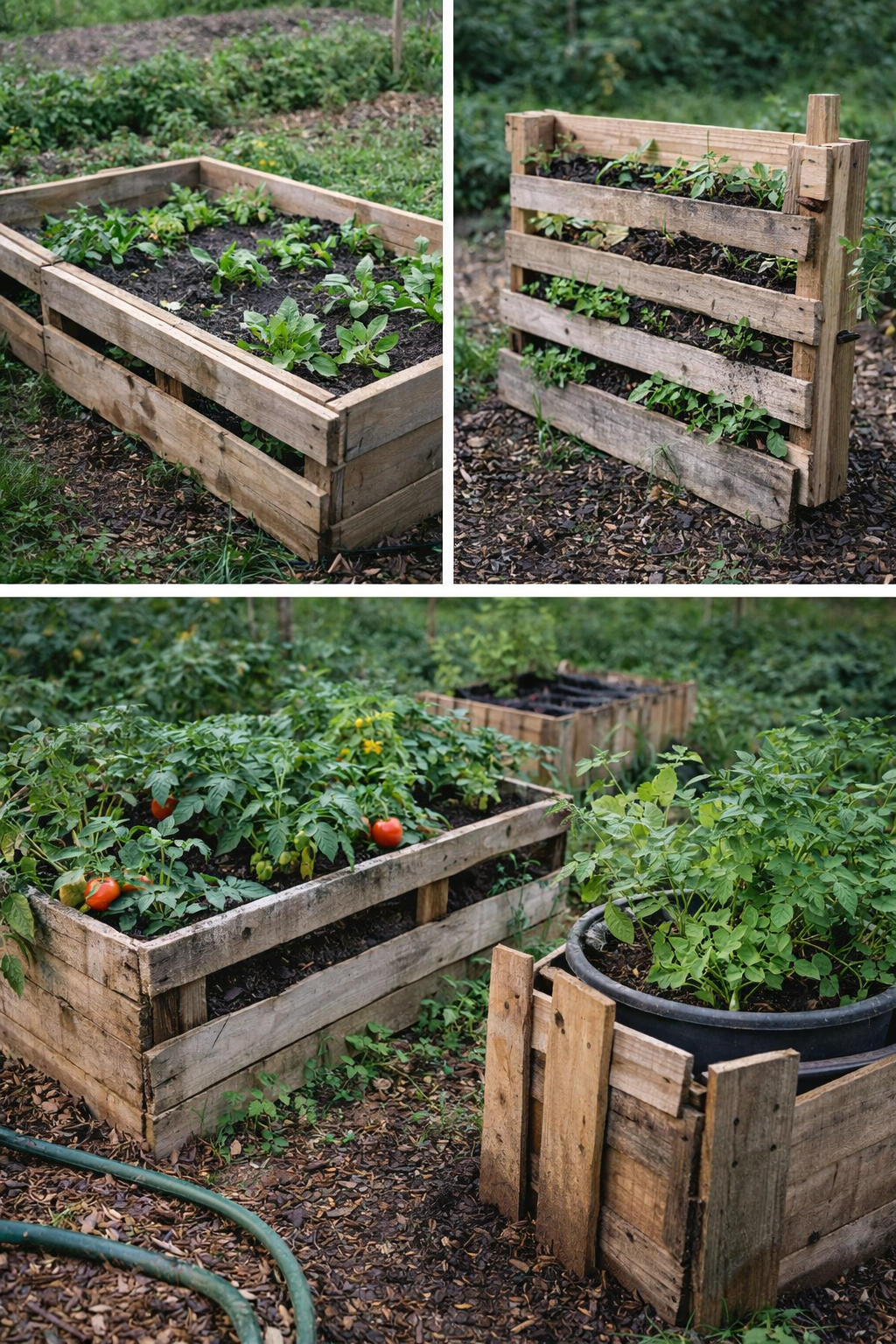 DIY pallet raised garden beds and repurposed containers growing tomatoes and leafy greens in a simple, budget-friendly backyard vegetable garden.
