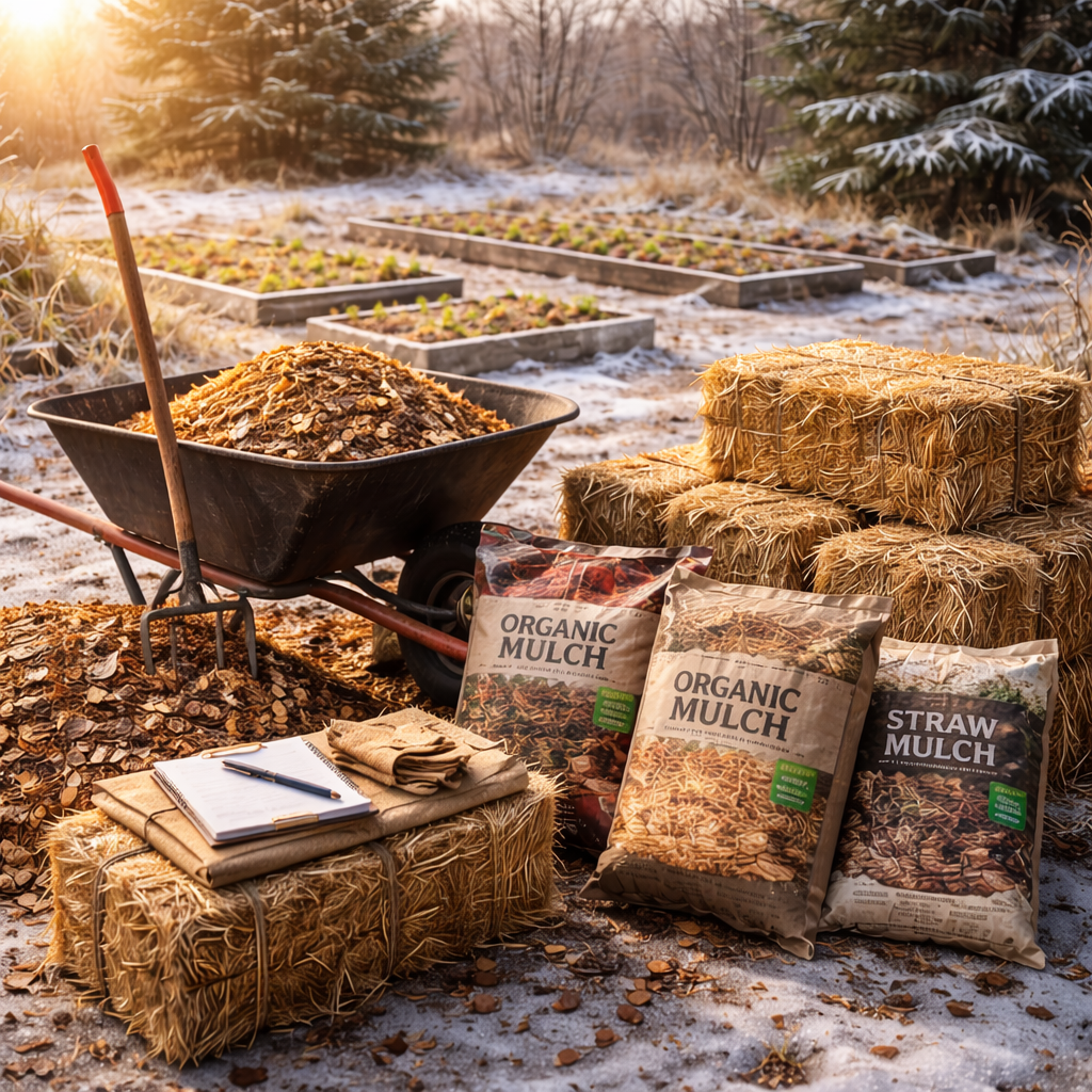 Winter garden prep scene with straw mulch bales, bags of organic mulch, and a wheelbarrow filled with wood chips beside raised garden beds lightly dusted with snow, showing mulch planning and preparation before spring.