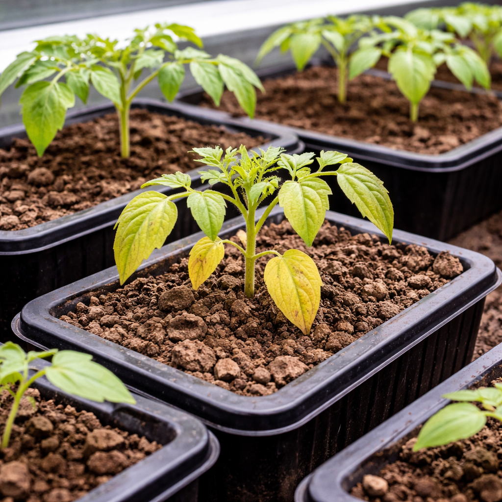 Tomato seedlings with yellowing lower leaves growing in dry soil in starter trays