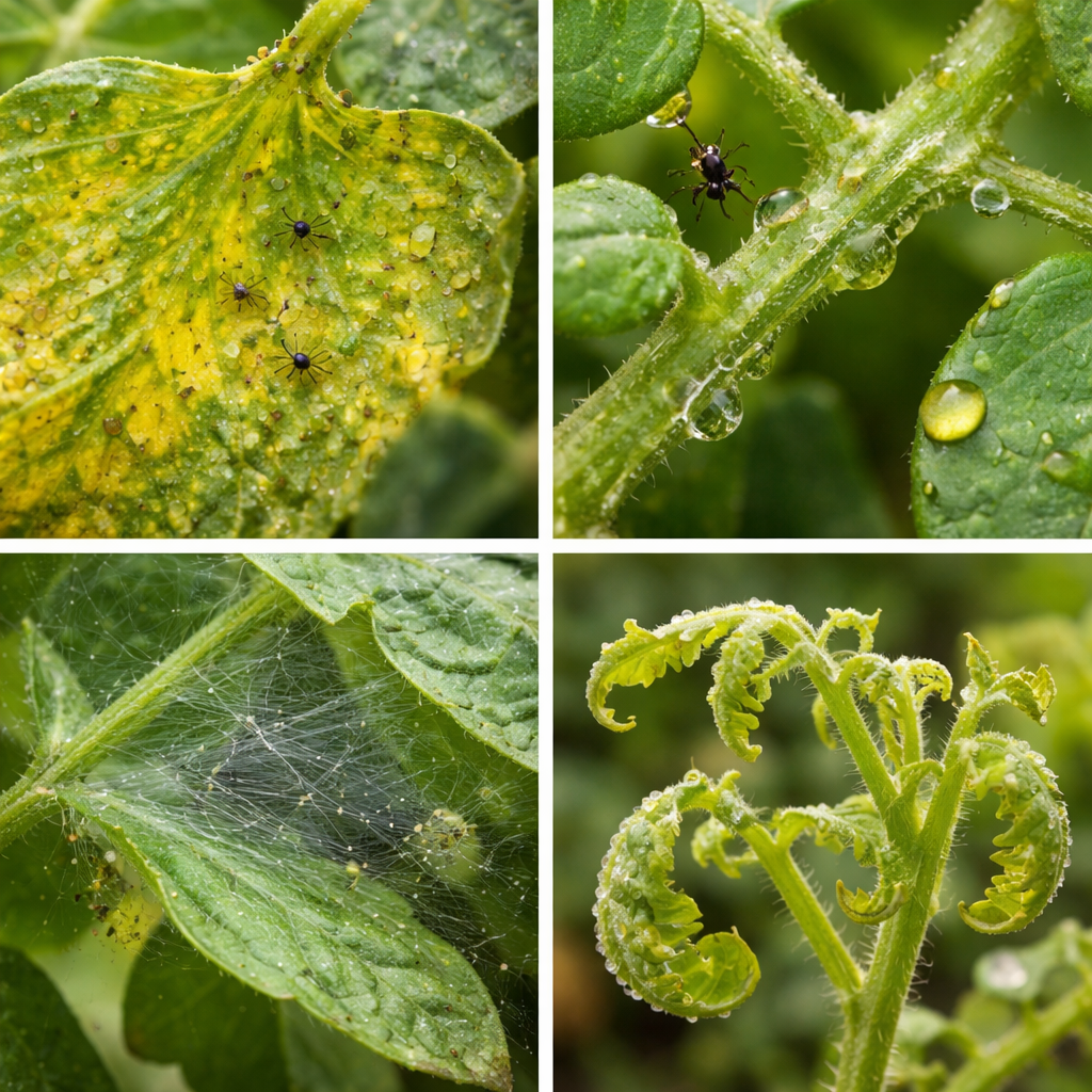Close-up collage of garden pest damage showing yellowing speckled leaves with mites, sticky residue on stems, fine webbing under leaves, and twisted stunted plant growth