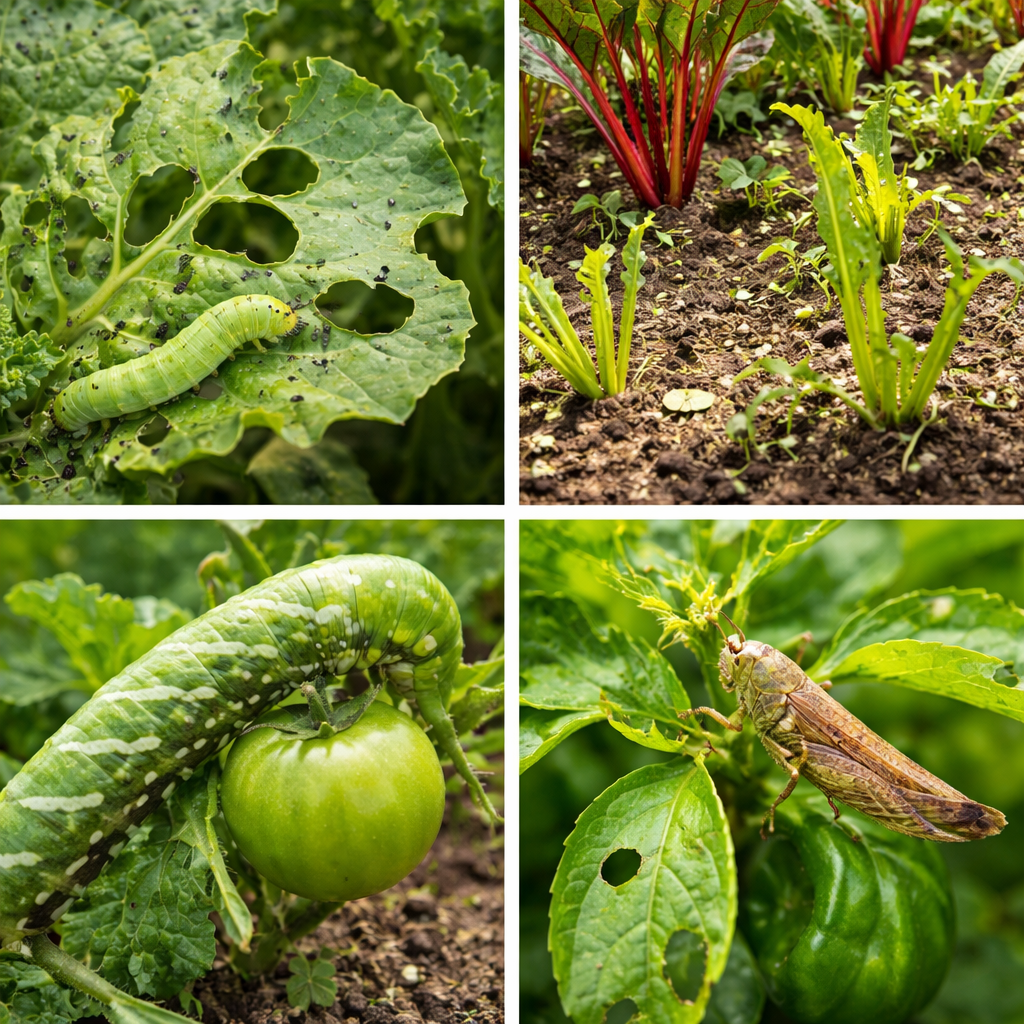 Close-up collage of garden pest damage showing large holes in leaves, missing foliage, tomato hornworm feeding on plant, and grasshopper on leaf causing visible damage