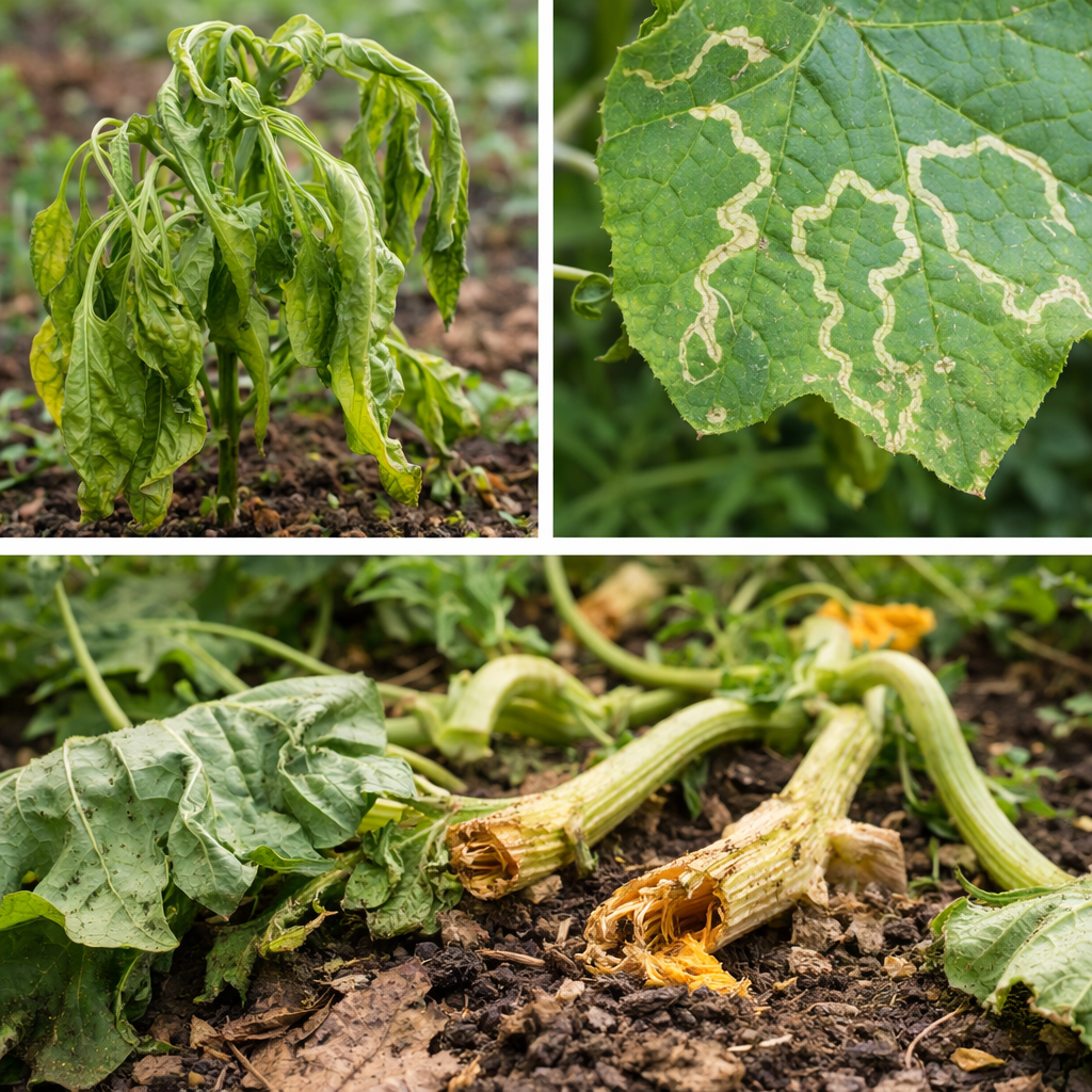 Close-up collage of garden plant damage showing sudden wilting, leaf miner tunnels inside leaves, and squash plants collapsing from vine borer damage