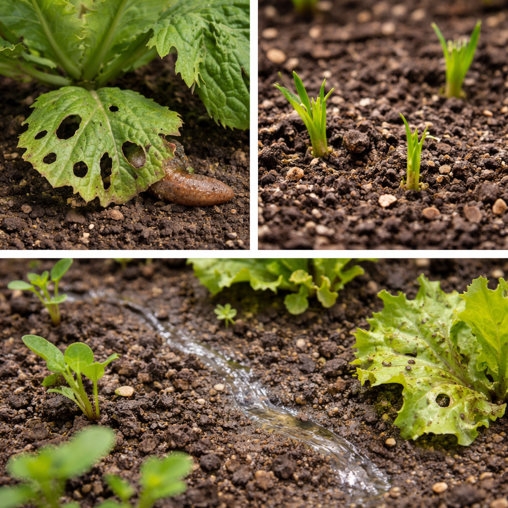 Close-up collage of garden pest damage showing ragged holes in lower leaves, seedlings disappearing from soil, and slime trails from slugs causing soil-level plant damage