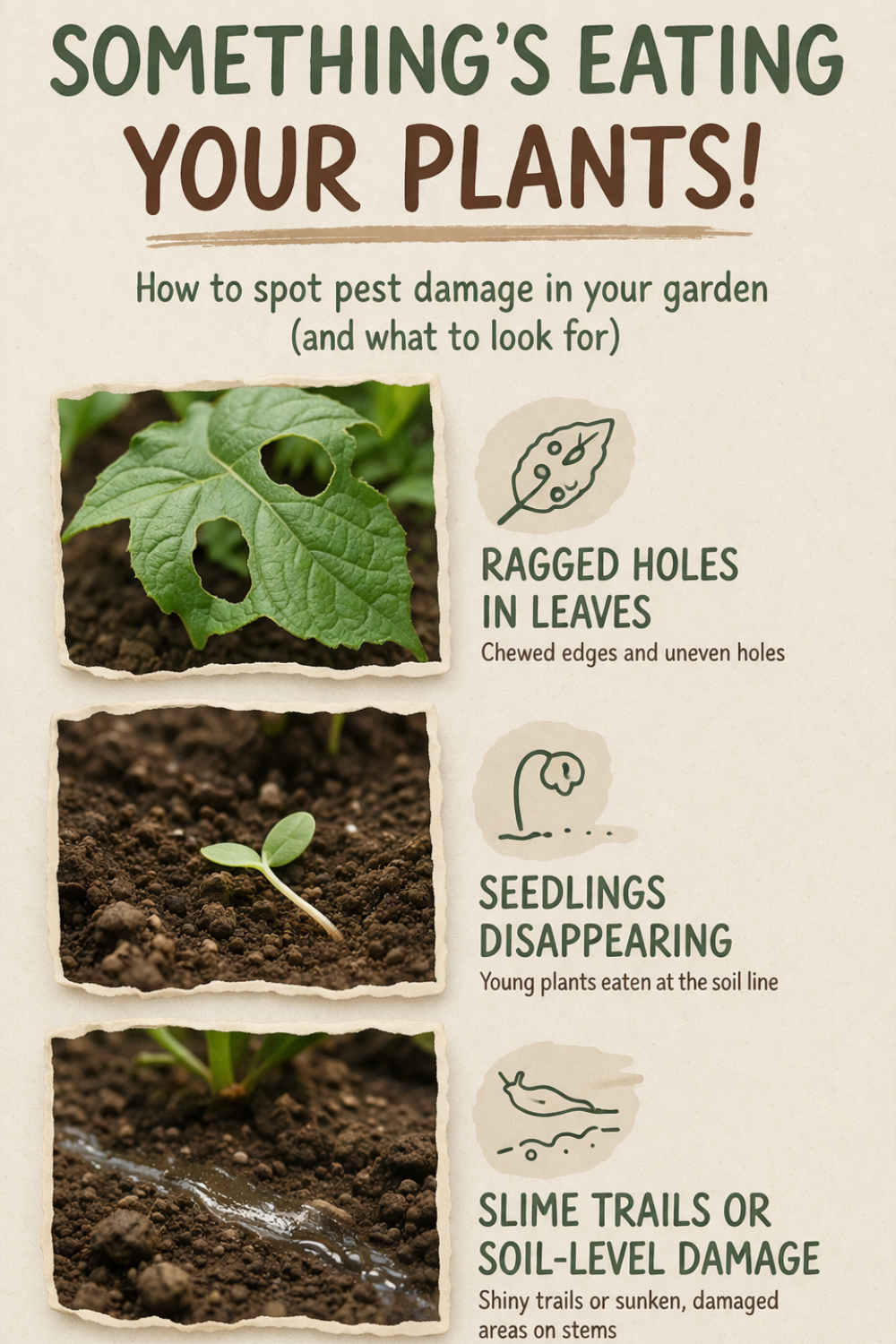 Not sure what’s destroying your garden? These common signs - ragged holes in leaves, seedlings disappearing overnight, and slime trails at the soil level - usually point to pests you can’t ignore. Learn how to spot the problem fast and take action before your plants are gone. Perfect for beginner gardeners dealing with mysterious plant damage. #gardeningtips #gardenpests #vegetablegarden #plantproblems #growyourownfood