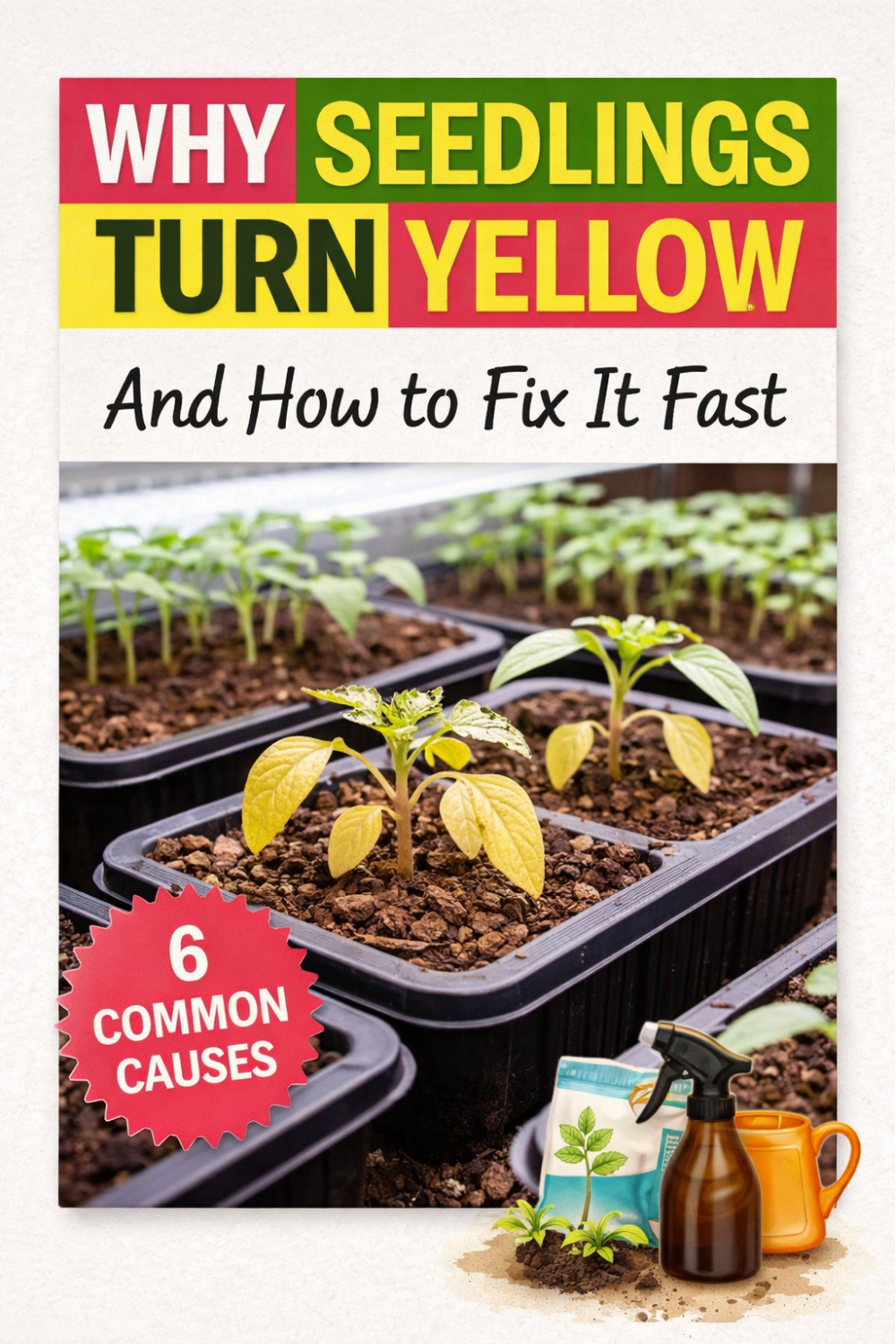 Seedlings turning yellow is one of the most common problems when starting seeds indoors - and it’s usually fixable fast. From overwatering and underwatering to poor light and nutrient issues, these are the 6 most common reasons your seedlings lose their color and how to correct them before you lose your plants. Perfect for beginner gardeners who want stronger, healthier seedlings without wasting time or trays.