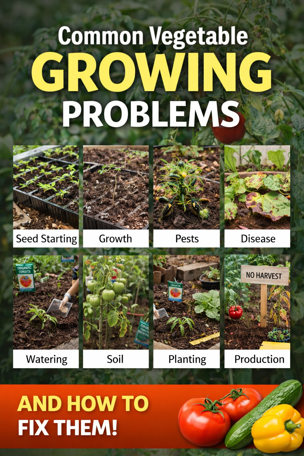 Common vegetable garden growing problems infographic showing seed starting issues, plant growth problems, pests, and plant diseases with real garden examples