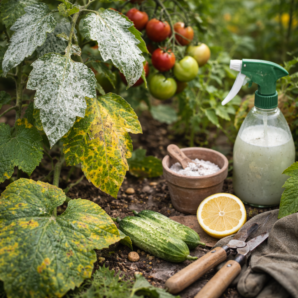 Tomato plant leaves with white powdery mildew and yellowing spots next to a homemade garden spray bottle and natural treatment ingredients like lemon and baking soda