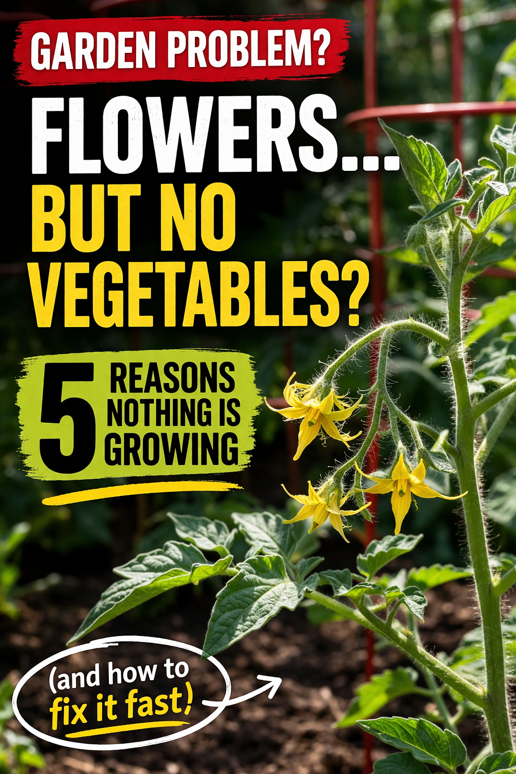 Vegetable plant with yellow flowers but no fruit growing in a garden, illustrating a common issue where plants bloom but fail to produce vegetables