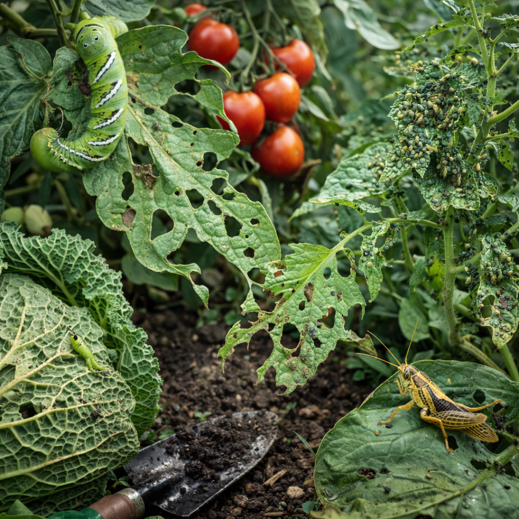 Tomato plants with severe pest damage including hornworm caterpillar and aphid infestation causing holes in leaves and weakened growth