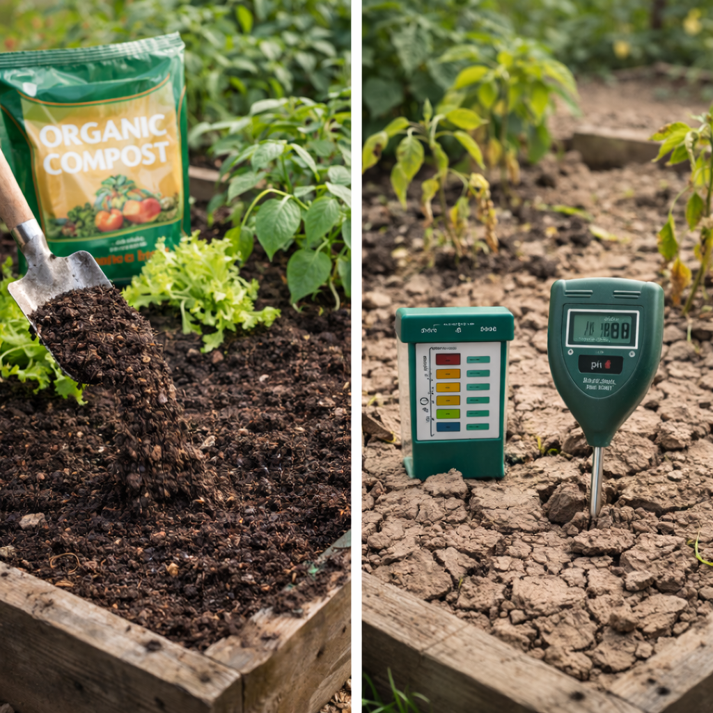 Side-by-side images showing healthy garden soil being enriched with organic compost and dry cracked soil with a moisture meter indicating poor soil conditions and plant stress
