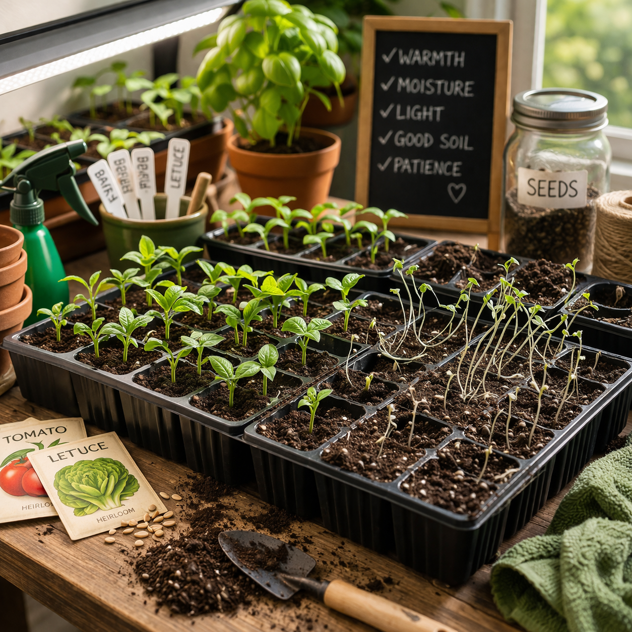 Indoor seed starting trays with healthy seedlings and leggy weak seedlings side by side under grow lights showing proper vs improper seed starting conditions