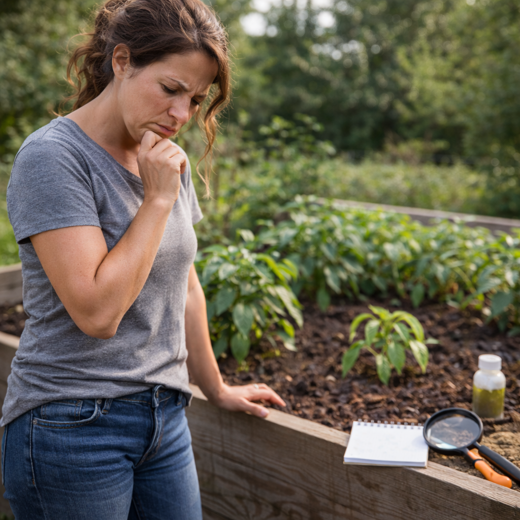 Gardener inspecting pepper plants looking confused and trying to figure out what’s wrong with their growth