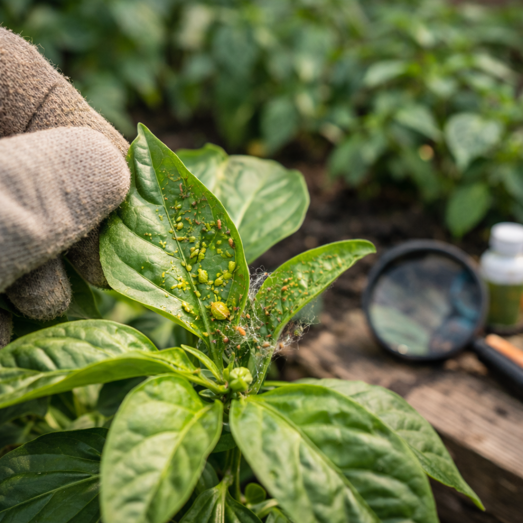 Aphids and spider mites on pepper plant leaves causing damage and slowing plant growth