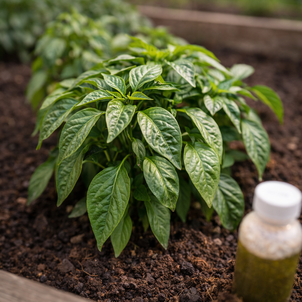 Healthy-looking pepper plant with lush green leaves but no visible growth or fruit due to excess nitrogen