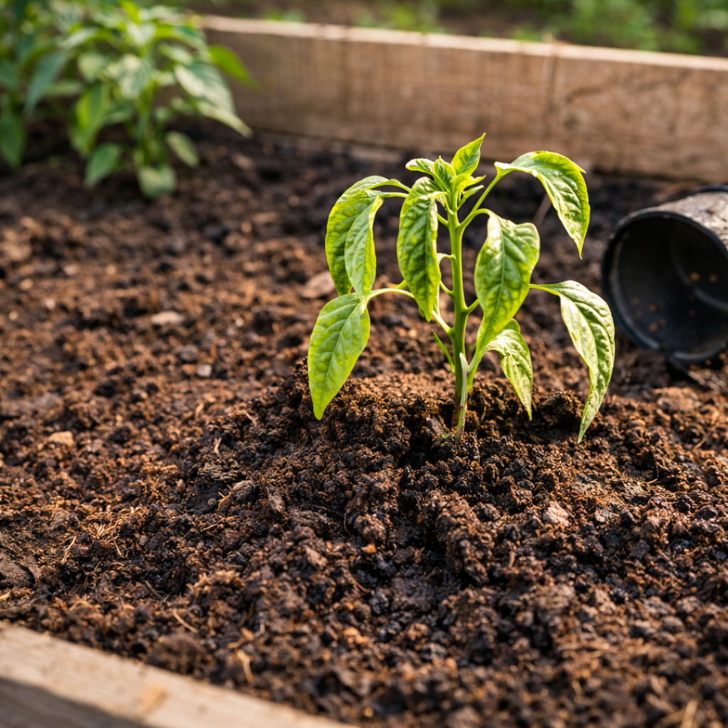 Young pepper plant showing signs of transplant shock with drooping leaves and slowed growth in garden soil