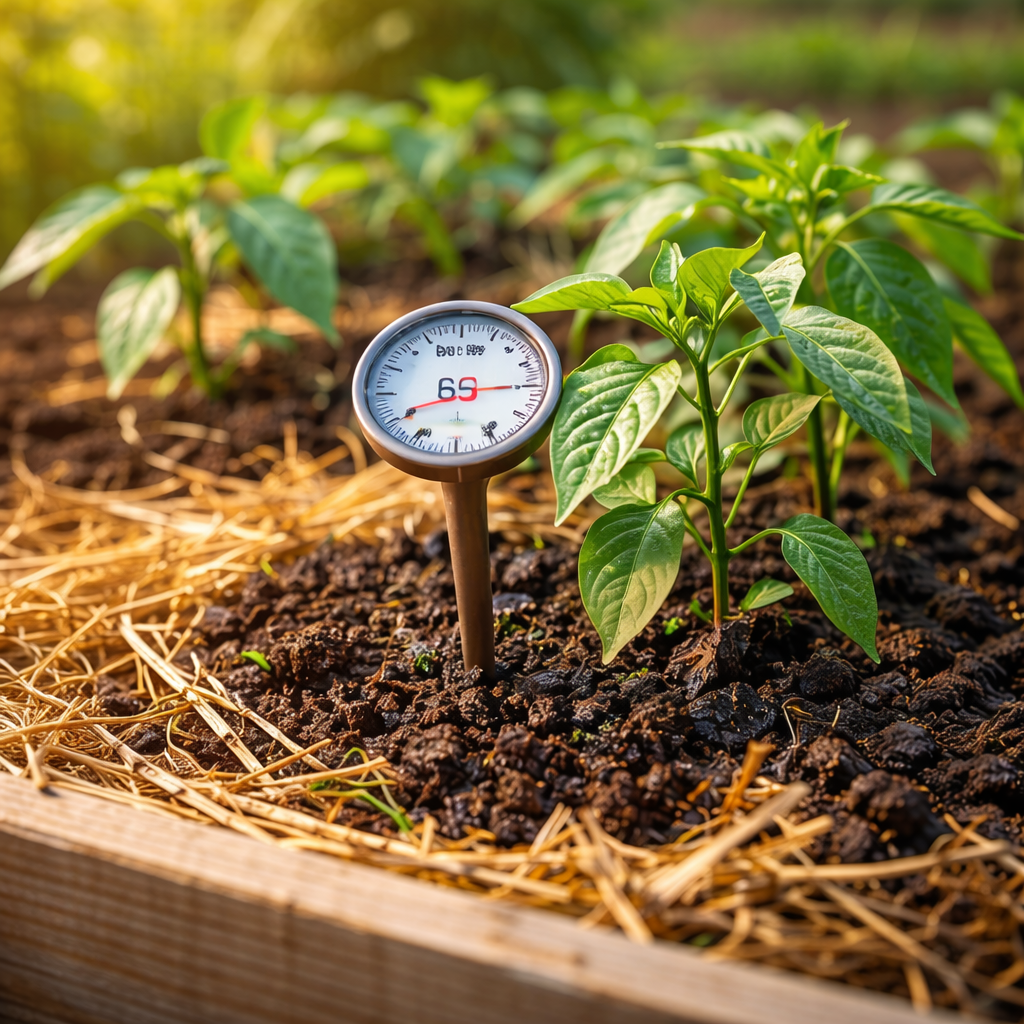 Soil temperature too low for pepper plants, showing young peppers next to a thermometer in garden soil