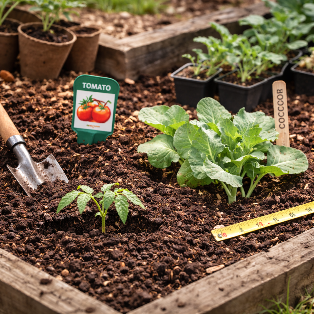 Young vegetable seedlings including tomato and brassica plants growing in rich soil with garden tools, plant markers, and measuring tape showing early garden planting setup