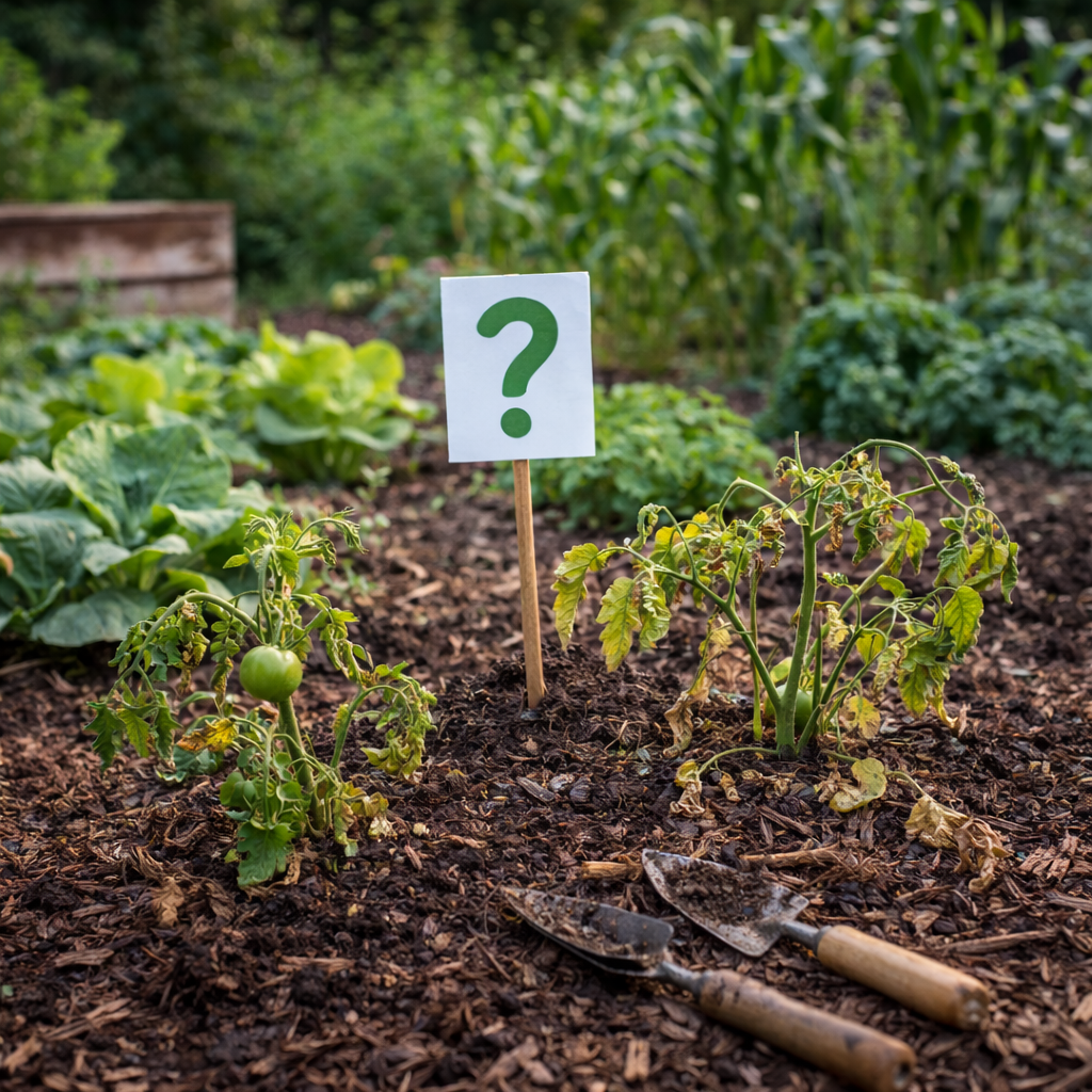 Unhealthy tomato plants with yellowing leaves and stunted growth in a vegetable garden next to a question mark sign indicating an unknown plant problem