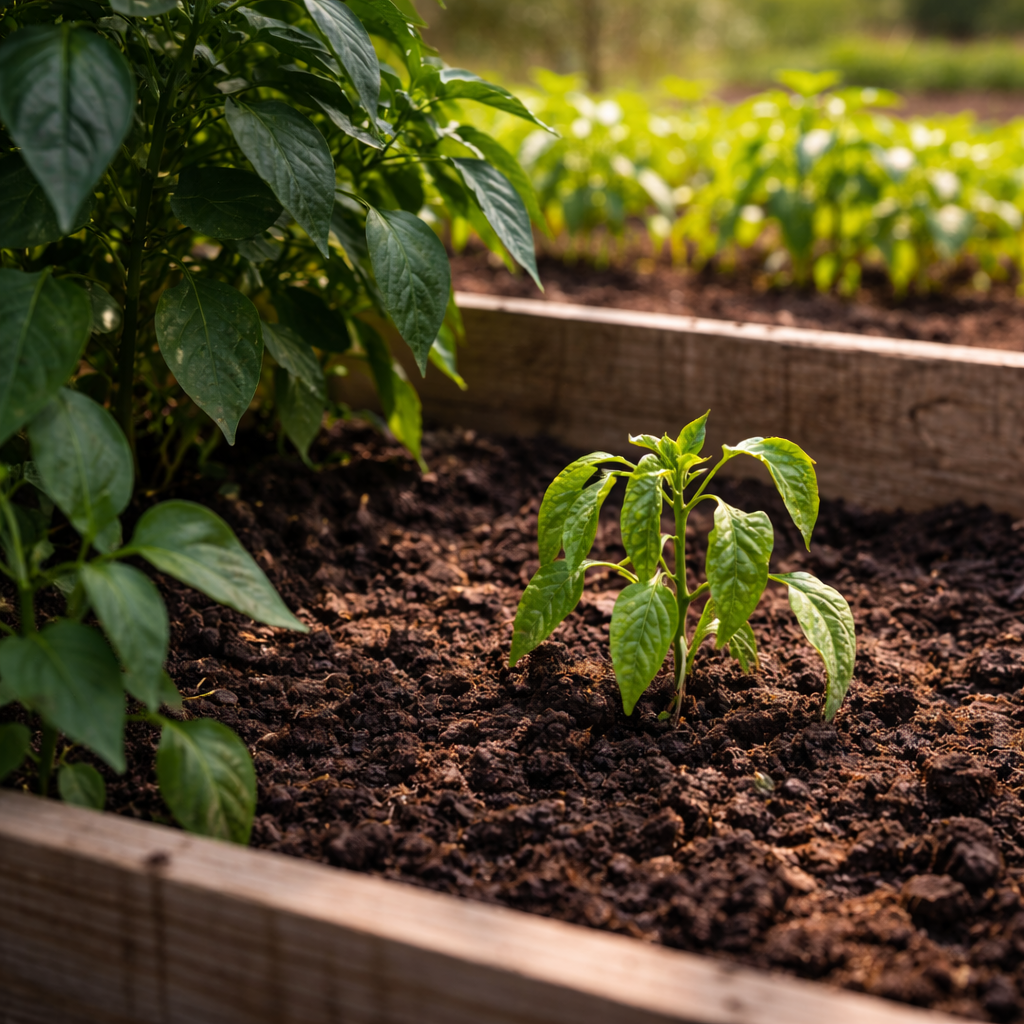 Pepper plant struggling in partial shade showing slowed growth compared to sunlit plants nearby