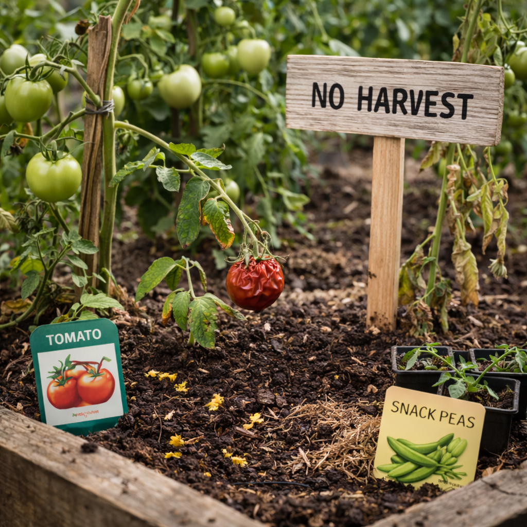 Struggling tomato plants with wilted leaves and rotting fruit in a vegetable garden next to a “no harvest” sign showing poor production and plant stress