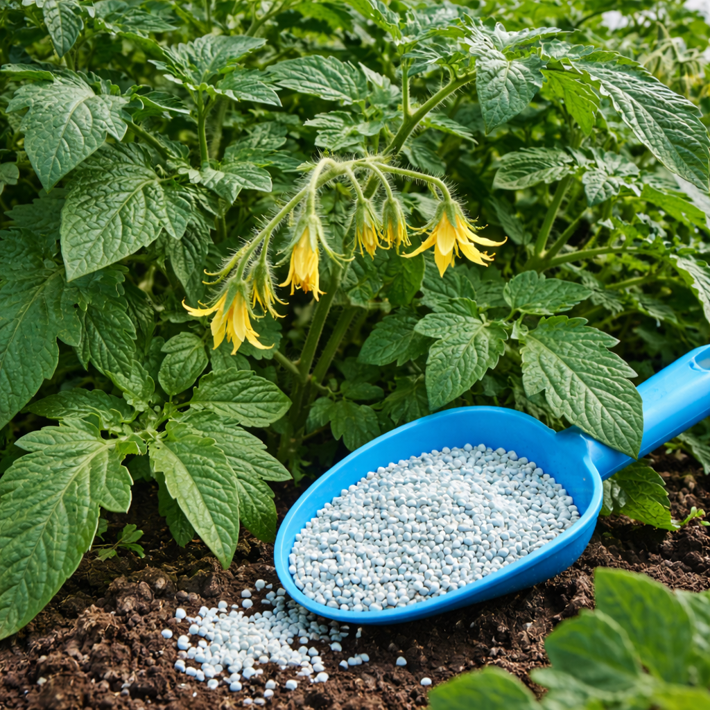 Vegetable plant with healthy green leaves and yellow flowers alongside granular fertilizer, illustrating potential over-fertilization or excess nitrogen affecting fruit production