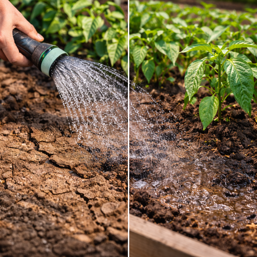 Inconsistent watering of pepper plants showing dry cracked soil on one side and overwatered soil on the other