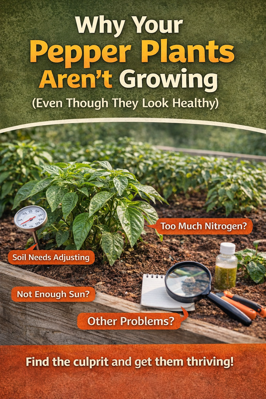 Pepper plants in a raised garden bed with labels pointing to common growth problems like low soil temperature, too much nitrogen, lack of sun, and other issues causing healthy plants to stall