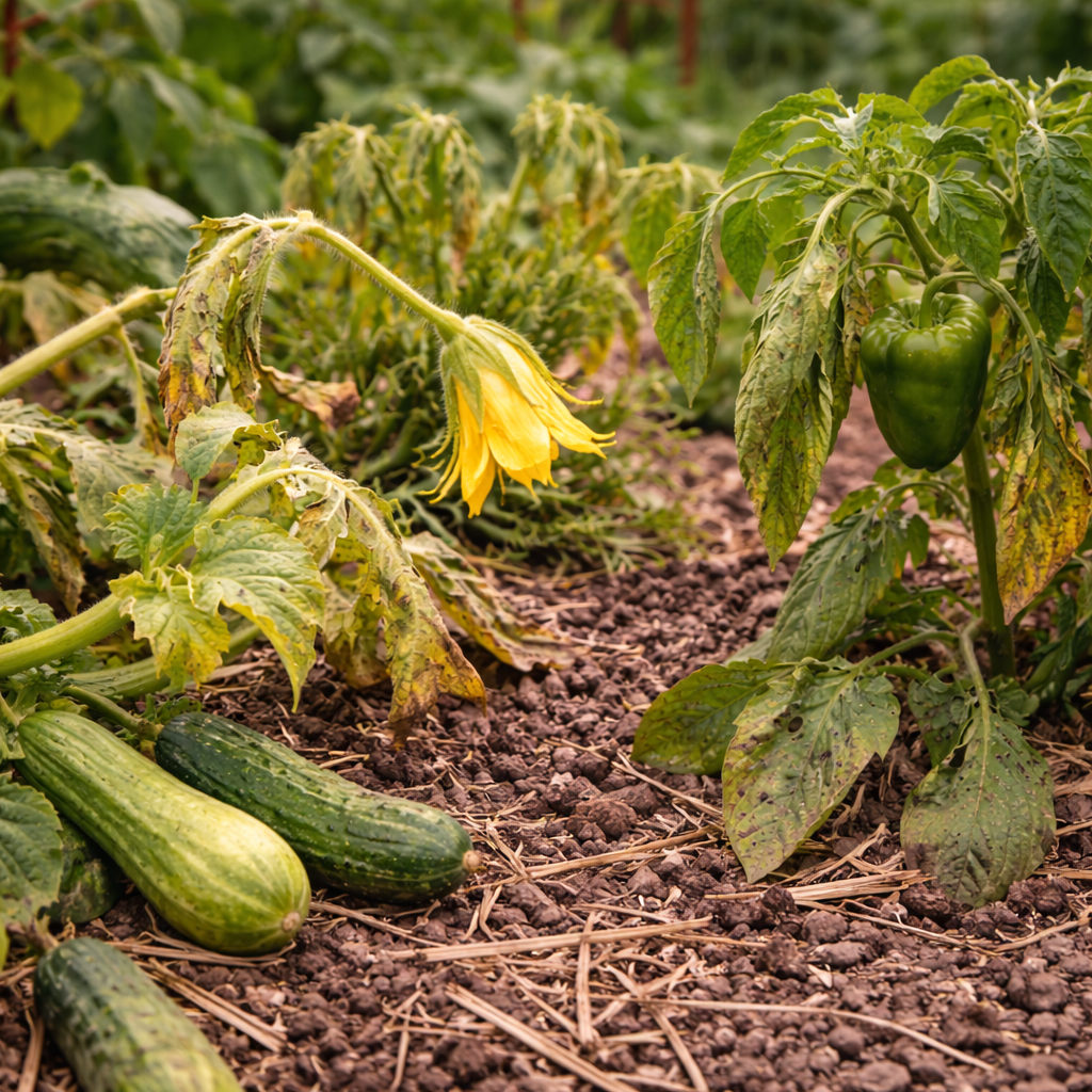 Wilted vegetable plants in a garden bed showing stress from heat or inconsistent watering, with drooping leaves, yellowing foliage, and struggling squash and pepper plants growing in dry soil