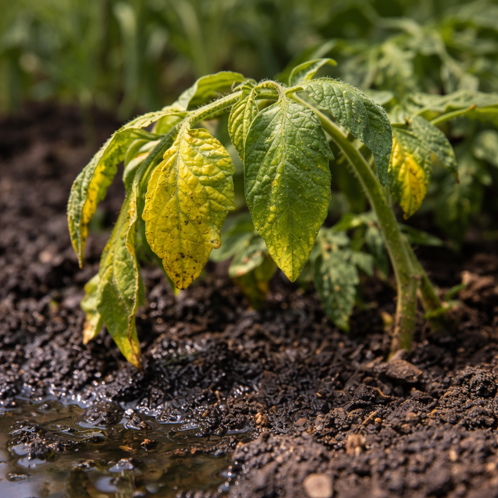 Tomato plant with drooping, curled yellow leaves in wet soil showing signs of overwatering and root stress