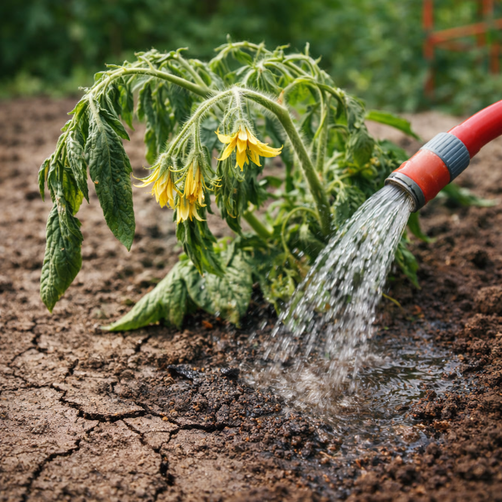 Wilted vegetable plant being watered in dry soil, showing signs of stress from inconsistent watering with drooping leaves and struggling growth