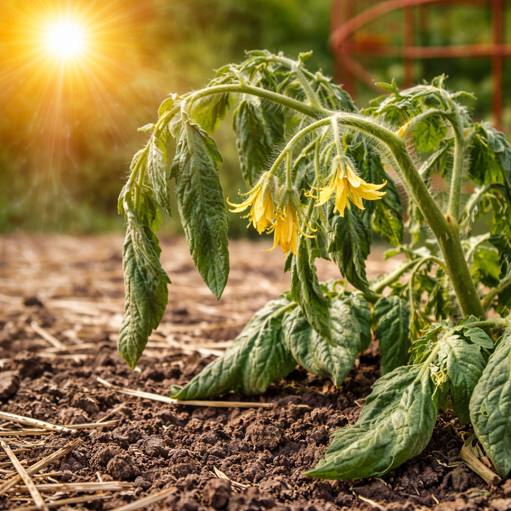 Vegetable plant wilting in hot sun with drooping leaves and flowers, showing signs of heat stress and lack of moisture in dry garden soil